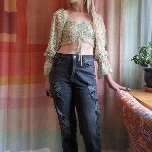 Green floral Native Daughters cropped blouse with billowy sleeves